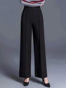 2025 Pantalones rectos de cintura alta relajados de estilo minimalista versátil, adecuados para el trabajo y el uso diario, color negro - Negro - Ver 8