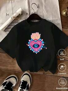 Camiseta de cuello redondo y mangas cortas de ropa fashion, fabricada en México, para la temporada primavera-verano 2025. Con estampado de dibujos animados, es un modelo de pareja, apta para usar tanto por dentro como por fuera, ideal para oficina y estilo casual, diseñada para hombres y mujeres, en unidad individual. - Negro - Ver 2