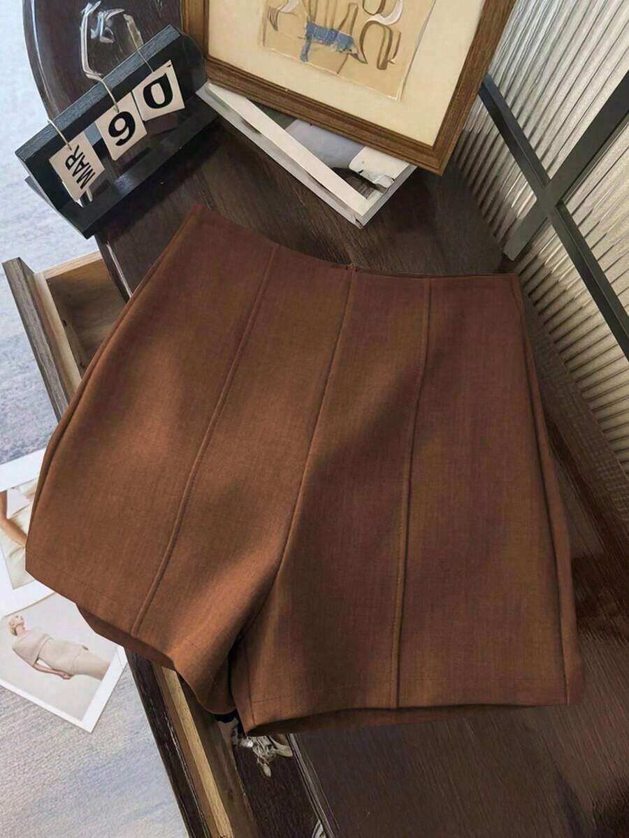 Shorts de mujer de cintura alta de color gris oscuro minimalista y de moda, con cierre de cremallera en la espalda, adecuados para el uso diario, citas y ocasiones románticas - Óxido marrón - Ver 1
