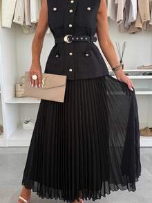 Conjunto Dos Piezas Elegante Sin Mangas  Tul Plisado Moda Europea Primavera Verano - Negro - Ver 7