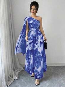 Vestido elegante de talle alto con hombro asimétrico, abertura lateral y estampado aleatorio, estilo fashionable para vacaciones - Azul - Ver 3