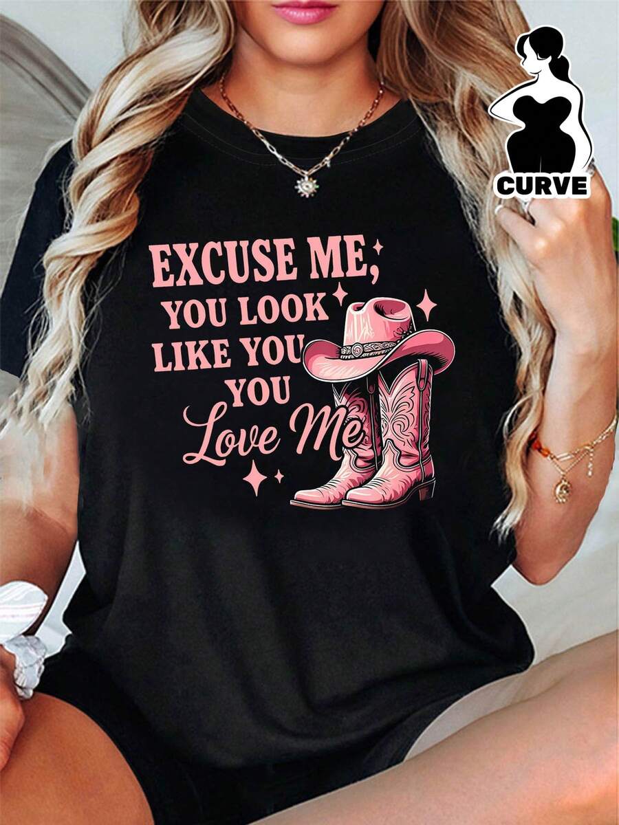 Camiseta de Mujer Manga Corta Cuello Redondo en Negro - Estampado de Vaquera 'Love Me', Tejido de Punto Suave con Ligera Elasticidad, Dobladillo Regular, Ajuste Holgado, Look Casual y Divertido para Fiestas, Talla Grande