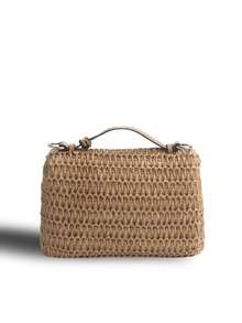 Boho Chic Square Straw Bag With Sweet Bow, Casual Woven Beach Handbag With Chain Strap - Multicolor - View 9