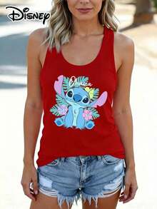 Disney Official Authorization | Women's Casual Crew Neck Sleeveless Tank Top. Centered On The Theme Of "Ohana" (Family), It Features A Heartwarming Design Full Of Hawaiian Charm. The Graphic Shows The Adorable Stitch In His Classic Sitting Pose, Surrounded By Vibrant Green Monstera Leaves And Vibrant Hibiscus Flowers, With The Handwritten Word "Ohana" On Top That Resonates Deeply With Fans And Perfectly Conveys The Warm Spirit Of Family. The Loose Fit Flatters All Body Types, Making It Versatile And Practical For Daily Outings, And It Is Also An Ideal Choice For Matching Outfits With Girlfriends. - Đỏ - Xem 1