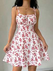 Vestido corto con tirantes finos, espalda anudada, estampado floral y pliegues para mujer - Multicolor 2 - Ver 3