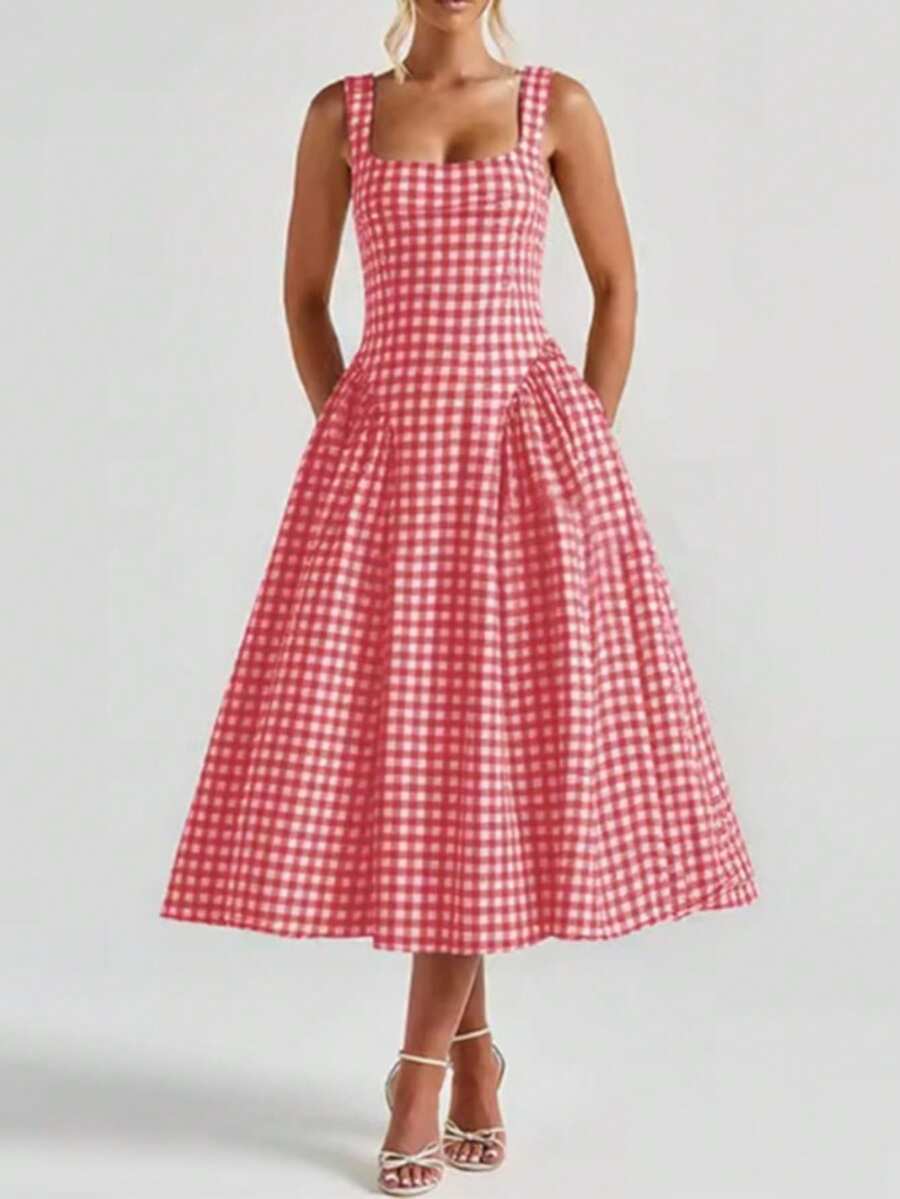 Vestido largo primavera 2026, tirantes estampado ajustado, estilo fresco y dulce - Rojo - Ver 1