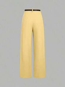 Pantalones rectos de cintura media de unicolor elegante con cinturón, negro, primavera - Amarillo - Ver 4