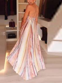 Vestido largo primavera 2026, holgado elegante, escote bandeja plisado de colores - Multicolor - Ver 4