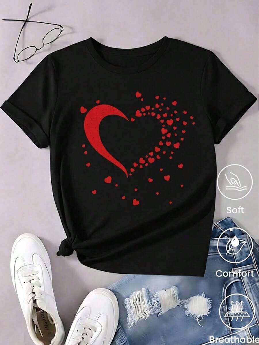 100% Cotton Women's White T-Shirt With Creative Red Heart Confetti Graphic, Romantic Aesthetic Style Short Sleeve T-Shirt With Small Hearts, Sweet Top For Valentine's Day, Fashionable Casual Blouse - 黑色 - 查看 1
