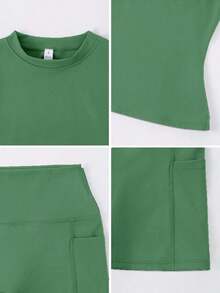 Conjunto de camiseta de manga corta de cuello redondo y pantalones cortos deportivos con bolsillo lateral para mujer, para el verano - Verde - Ver 3