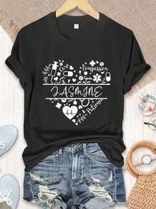 Camiseta manga corta cuello redondo 100% algodón, estampado trendy, tejido ligero y ventilado, estilo moda casual, apta para vida diaria, salidas informales y citas en primavera, verano y otoño - Negro - Ver 7