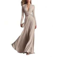 Vestido femenino largo de manga larga con  elegante y de moda textura pura y cintura entallada nuevo de temporada otoño primavera - Beis - Ver 2