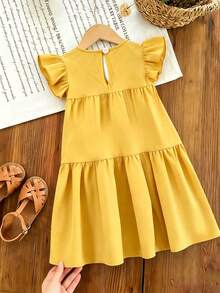 Girls Lightweight Floral Print Dress, Crochet Daisy Decor + Playful Flared Sleeves, Multi-Layer Pleated Loose Skirt, Suitable For 4-7 Years Old Girls Casual & Holiday Wear - Yellow - View 3