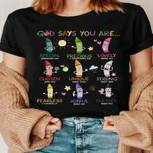 1 pieza clásica y versátil, camiseta corta de algodón puro con estampado de crayones de colores para profesores, ideal para usar en cualquier estación. Estilo moderno. - Negro - Ver 2