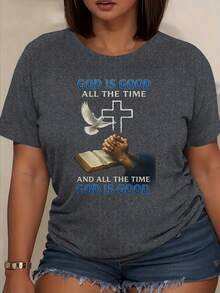 Camiseta estampada 'Orar a Dios', estilo moderno, camiseta casual de manga corta para mujer, top de cuello redondo, camiseta estampada con patrón de cuello redondo. - Blanco - Ver 7