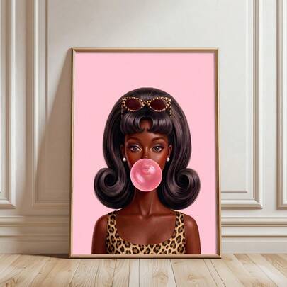 1pc Framed/Unframed Pink Leopard Bubblegum Fashion Black Doll Retro Pop Art Canvas Poster Y2K Preppy Wall Art Print Girly Room Aesthetic Chic Decor Painting For Dorm,Living Room,Bedroom,Modern Home Decoration