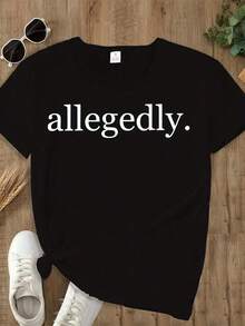 Women's Letter Print T-Shirt, Round Neck, Short Sleeve, Lightweight, Semi-Transparent, With Micro-Elastic, Machine Washable, For Spring And Summer - 黑色 - 查看 6