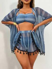 Conjunto de traje de baño de 4 piezas: Top de bikini con busto fruncido con estampado geométrico, Bottom de bikini con estampado geométrico, Cárdigan con flecos multicolor y Shorts con flecos multicolor, Carnaval de verano - Gris - Ver 3