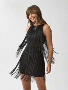 Vestido mini con cuello de halter con flecos de estilo occidental bohemio y casual para el festival de música de verano, ropa bohemia y hippie chic para mujeres, vestidos para mujeres, atuendos para conciertos de mujeres, ropa occidental para mujeres, atuendos de verano Y2K para mujeres, vestido occidental, atuendo casual hippie para mujeres - Negro - Ver 3