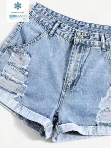 Pantalones cortos de mezclilla casuales y versátiles con bolsillos y efecto desgastado de unicolor - Celeste - Ver 3