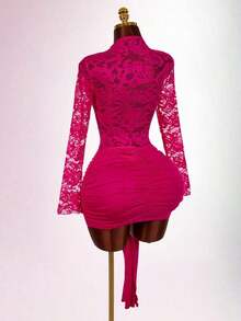 Blusa de encaje para mujer con vestido mini ajustado de tul rojo vintage con cordón en el bajo, estilo bohemio para fiesta - Rosa Fucsia - Ver 10