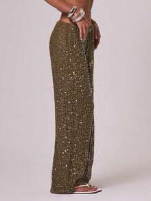Resort Drawstring Sequin Sparkle Wide Leg Trousers Cover Up Swim Vacation Holiday Summer Travel Beachwear Terra Sol Spring - 橄欖綠 - 查看 3