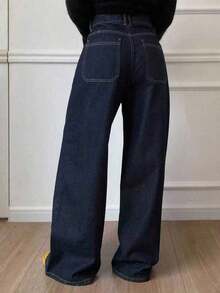 Jeans casuales de mujer de pierna ancha, unicolor, con bolsillo cargo suelto - Azul lavado oscuro - Ver 5
