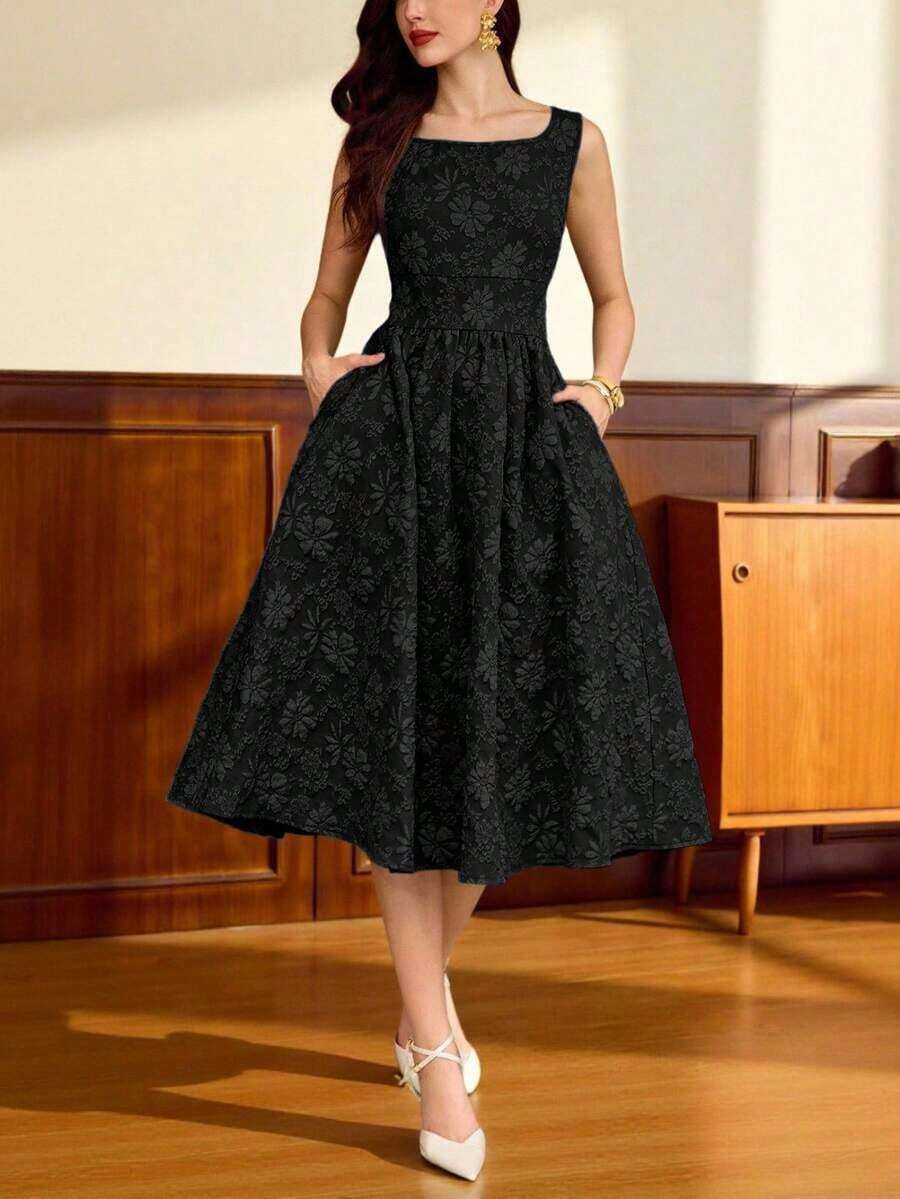 Vestido elegante sin mangas de cuello cuadrado con bolsillo de unicolor vintage para mujer, atuendo de verano, vestido de invitada de boda, vestido de regreso a la escuela, vestido de cumpleaños elegante para mujer, atuendo de cumpleaños elegante para mujer, atuendo de vacaciones para mujer, vestido elegante para mujer en otoño, ropa de mujer para vacaciones, vestido de iglesia para mujer, atuendo de iglesia para mujer, atuendo de festival para mujer, estilo de dinero antiguo, atuendo de brunch para mujer - Negro - Ver 1