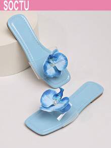 SOCTU Summer New Butterfly Flower Slide Sandals For Women, Beach Slippers, Versatile Square Toe Flat Slippers - Blue - View 3