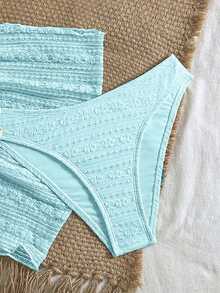 Swim Vcay Conjunto de bikini de 3 piezas con textura de tela, decoración floral, espalda descubierta, lazo, sexy y dulce, de estilo casual en color crema y amarillo, adecuado para la playa y vacaciones - Azul - Ver 5