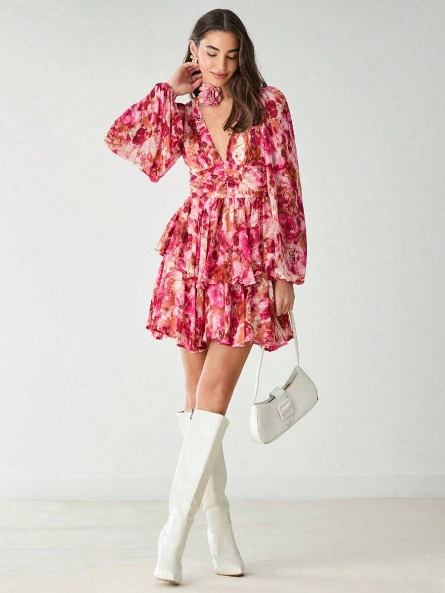 Vestido de verano elegante para mujer con mangas de linterna y estampado floral en todo el vestido - Rosa Fucsia - Ver 1