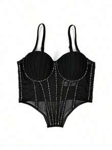Top corset de malla transparente con lentejuelas, estilo punk gótico con pedrería, para mujer, sexy y elegante para usar en discotecas o de manera casual en verano - Negro - Ver 4
