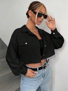 Chaqueta corta de pana con detalle de solapa en el hombro para otoño/invierno - Negro - Ver 5