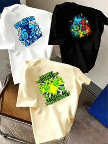 3pcs Boys' Summer Casual Loose 100% Cotton Short Sleeve T-Shirt Set, Cartoon Number 67, Graffiti, Game, Cat Print, Street Style - Multicolor - View 1
