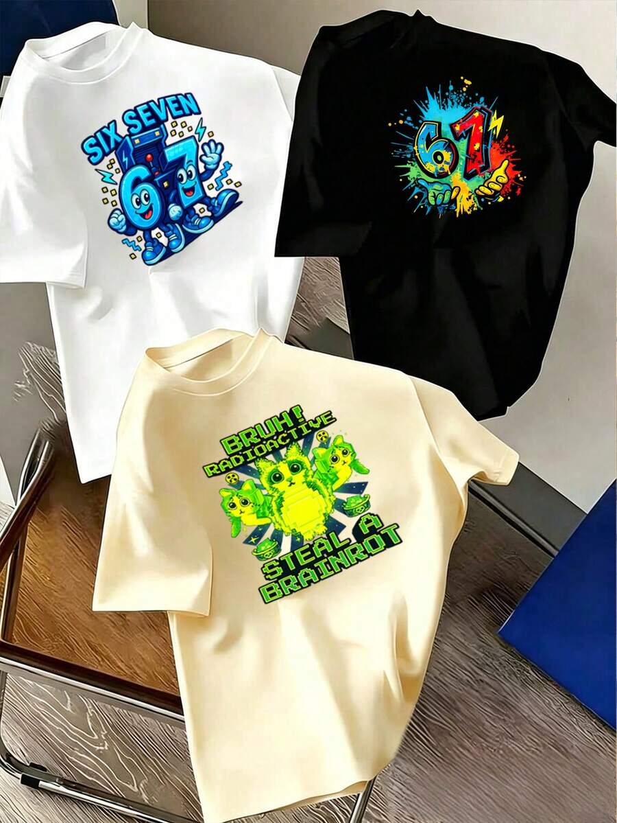 3pcs Boys' Summer Casual Loose 100% Cotton Short Sleeve T-Shirt Set, Cartoon Number 67, Graffiti, Game, Cat Print, Street Style - Multicolor - View 1