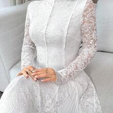 Women's Elegant Contrast Lace Pleated Waist Long Sleeve Dress - Azul - Ver 6