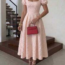Women's Spring/Summer Elegant Square Neck Petal Sleeve Floral Textured Waist Cinched Flare Hem Midi Dress, Suitable For Vacation, Wedding, Party - Rosa - Ver 1