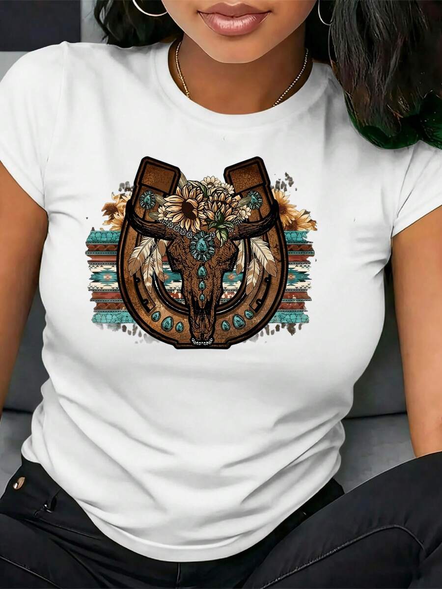 1 camiseta de algodón puro para mujer, con estampado de letras creativas y a la moda, adecuada para uso casual al aire libre en primavera y verano, fiestas de vacaciones, versátil y elegante, con diseño de herradura y calavera de toro, 180g 100% algodón. - Blanco - Ver 1