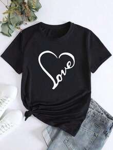 Camiseta de manga corta con cuello redondo para mujer, con estampado en forma de corazón, transpirable y que no provoca sudoración, suave y lisa, de alta calidad, adecuada para deportes y fitness, uso diario, vacaciones, oficina, escuela, fiestas y diversas otras ocasiones. - Negro - Ver 1