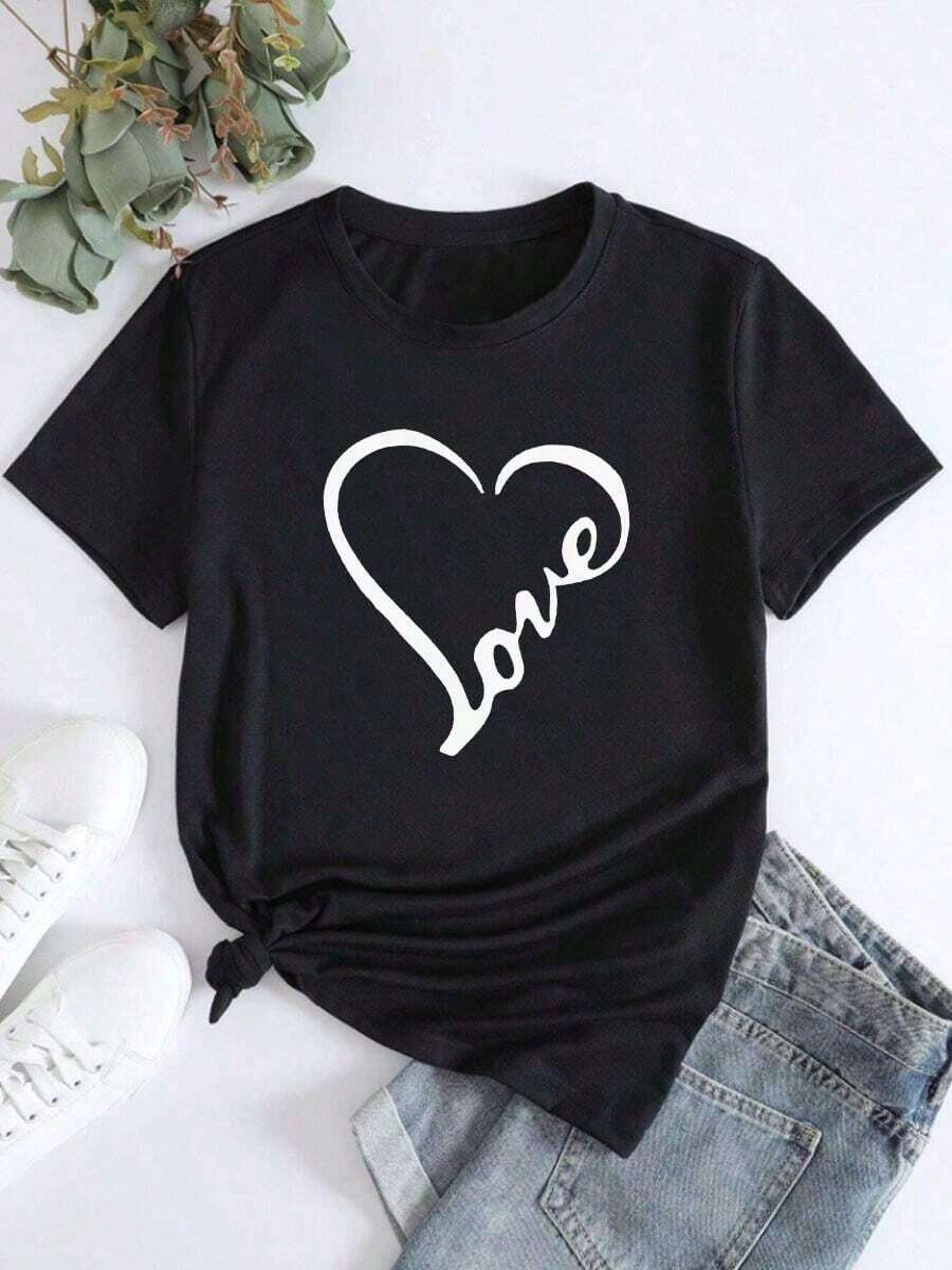 Camiseta de manga corta con cuello redondo para mujer, con estampado en forma de corazón, transpirable y que no provoca sudoración, suave y lisa, de alta calidad, adecuada para deportes y fitness, uso diario, vacaciones, oficina, escuela, fiestas y diversas otras ocasiones. - Negro - Ver 1