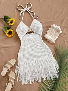 Vestido mini de mujer  con tirantes finos, escote en V, calado, estrella de mar de metal tejida, flecos, para vacaciones, playa, cita, boda, fiesta, crucero, estilo bohemio, festival de música, hippie, western - Beis - Ver 12