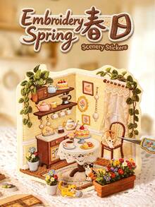 Spring Embroidery 3D Scene Stickers, Warm Country Style Room Aesthetic DIY Journal Stickers, Cute Cat And Floral Transparent Stickers, Suitable For Scrapbooking And Stress Relief Crafts, Back To School Season School Supplies - A - View 2