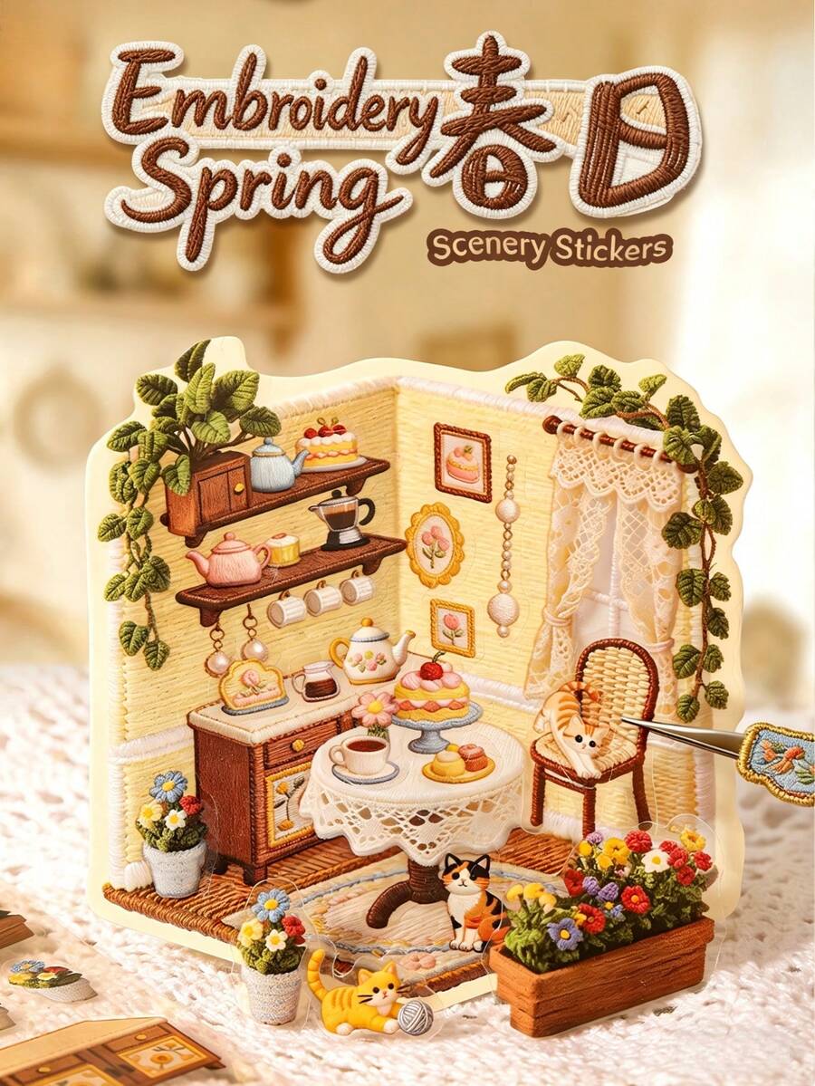 Spring Embroidery 3D Scene Stickers, Warm Country Style Room Aesthetic DIY Journal Stickers, Cute Cat And Floral Transparent Stickers, Suitable For Scrapbooking And Stress Relief Crafts, Back To School Season School Supplies