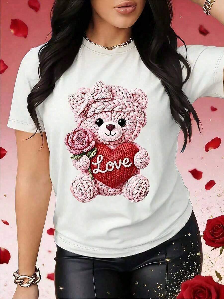 Women's Short Sleeve T-Shirt For Valentine's Day (One Piece): Cute Bear And LOVE Heart Print, Soft And Sweet Elements, Breathable, Lightweight And Comfortable - Elegant Casual Round Neck Top. - 白色的 - 查看 1