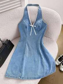 Women Denim Dresses - Light Wash - View 7