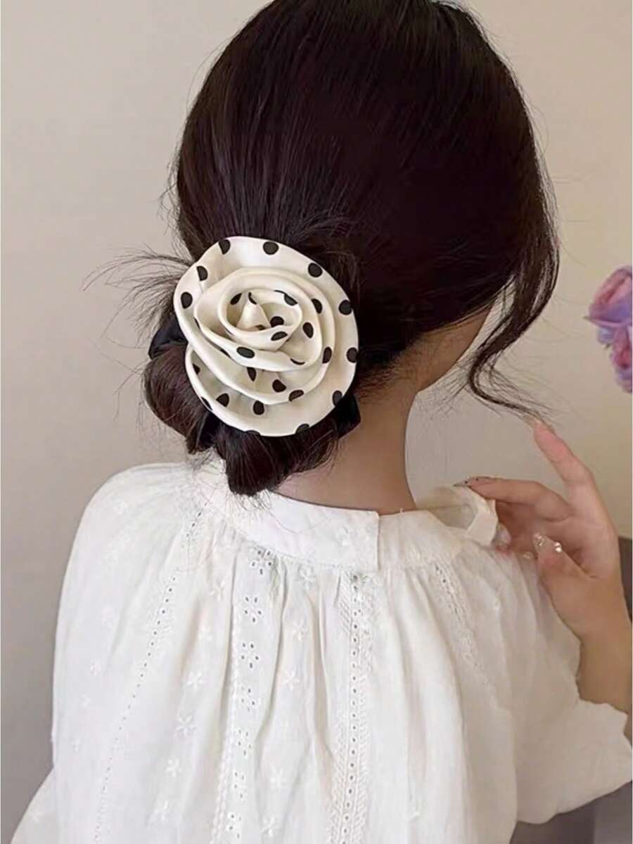 1个少女玫瑰花发圈，波点印花缎面花朵弹力发绳，优雅甜美的女孩发饰 - 彩色 - 查看 1