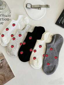 1/5 Pairs Women's Strawberry Boat Socks, Sweet Cute Casual Breathable Invisible Socks, Suitable For Daily Wear, Travel, Home, All Seasons - Multicolor - View 2