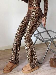 Pantalones acampanados de cintura ancha de unicolor casual para mujer, leggings delgados de cintura alta con pliegues, primavera negro - Estampado de leopardo marrón - Ver 1