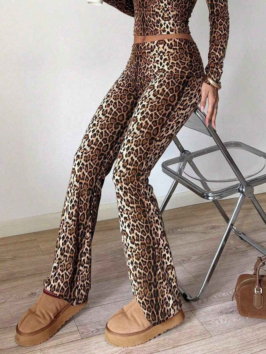 Pantalones acampanados de cintura ancha de unicolor casual para mujer, leggings delgados de cintura alta con pliegues, primavera negro - Estampado de leopardo marrón - Ver 1