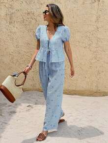 Set de 2 piezas de blusa con manga abullonada y pantalón a rayas con lazo delantero para mujer, para el verano - Azul y blanco - Ver 1